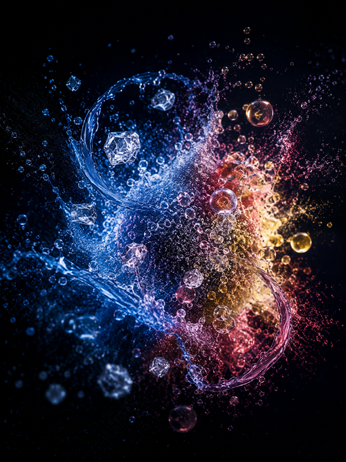 Abstract amino hydration composition with suspended crystalline particles and flavour-toned illumination emerging from darkness.