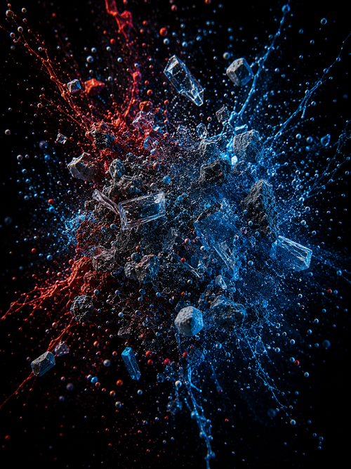 Abstract elemental composition representing pre-workout energy with suspended powder particles, crystalline structures and illuminated ingredient forms against a dark background.