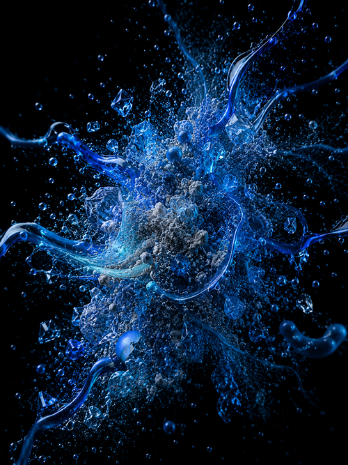 Abstract elemental composition representing muscular pump and blood flow with illuminated ingredient structures suspended against a dark background.